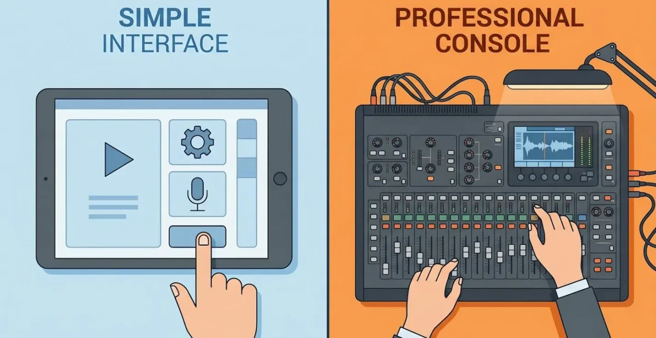 Illustration symétrique comparant interface simple et console professionnelle