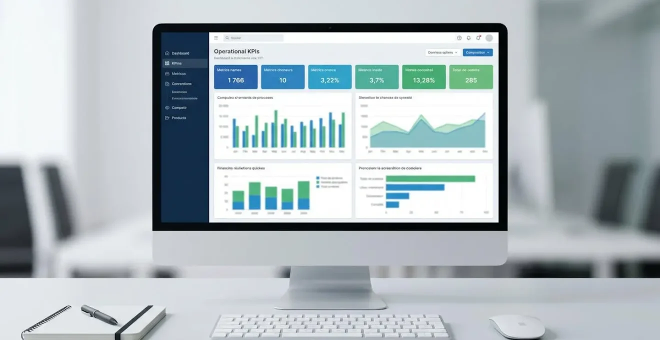 Dashboard de performance opérationnelle sur écran professionnel montrant métriques de qualité des données et KPIs de pilotage en temps réel