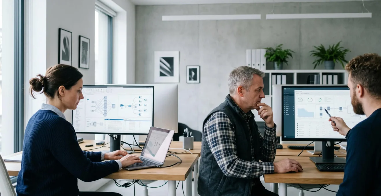 Équipe IT travaillant sur architecture de données dans bureau contemporain, avec écrans montrant schémas de gouvernance et dashboards de pilotage