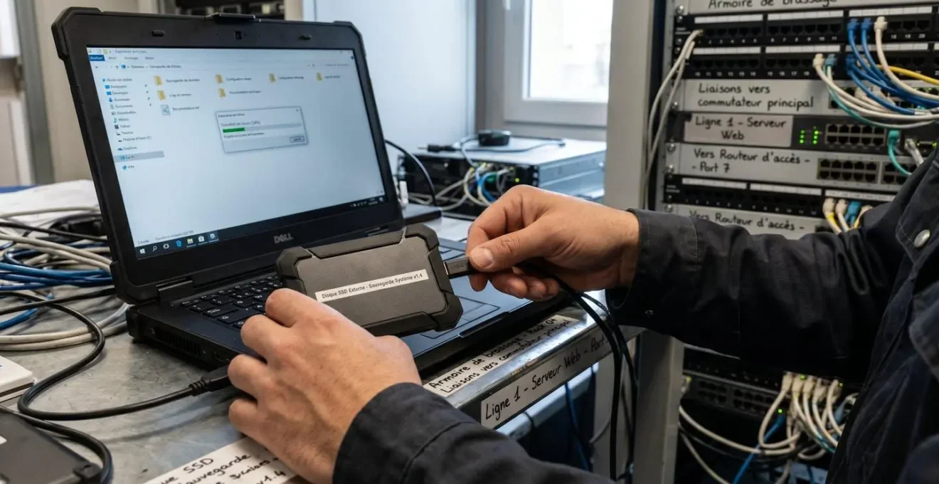 Mains d'un technicien IT branchant un SSD externe sur un ordinateur portable dans une salle serveur, câbles réseau et baies métalliques visibles en arrière-plan