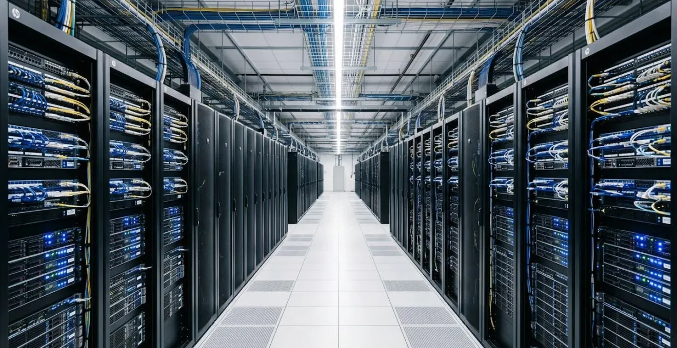 Salle de serveurs moderne d'un datacenter professionnel avec rangées d'armoires serveurs éclairées par LED bleues, câblage structuré et allées organisées illustrant l'infrastructure IT nécessaire à la gouvernance des données