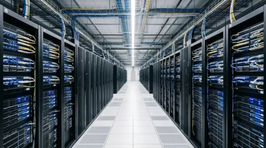 Salle de serveurs moderne d'un datacenter professionnel avec rangées d'armoires serveurs éclairées par LED bleues, câblage structuré et allées organisées illustrant l'infrastructure IT nécessaire à la gouvernance des données