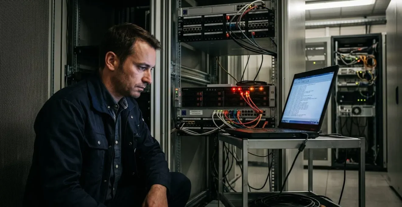 Technicien IT concentré face à un serveur NAS en panne avec voyants LED rouges dans une salle serveur, ordinateur de diagnostic visible, intervention nocturne