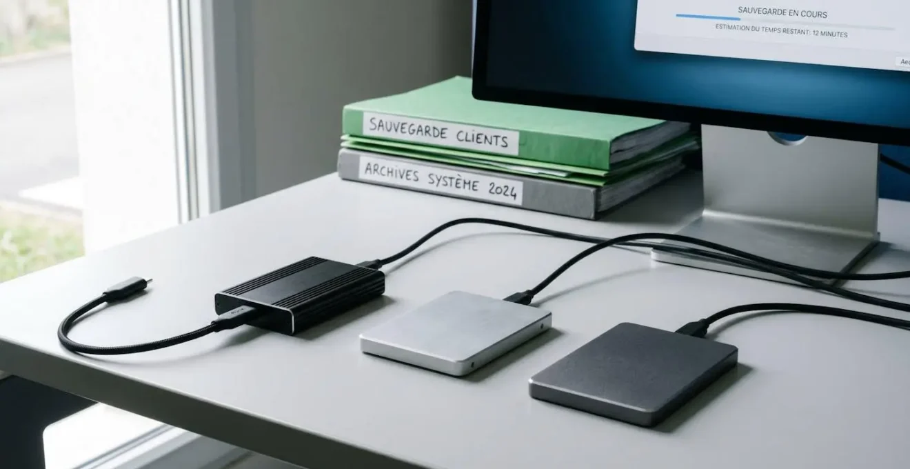 Trois disques SSD externes professionnels de marques différentes disposés sur un bureau IT contemporain avec câbles USB-C, écran d'ordinateur en arrière-plan flou affichant logiciel de sauvegarde
