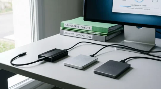 Trois disques SSD externes professionnels de marques différentes disposés sur un bureau IT contemporain avec câbles USB-C, écran d'ordinateur en arrière-plan flou affichant logiciel de sauvegarde