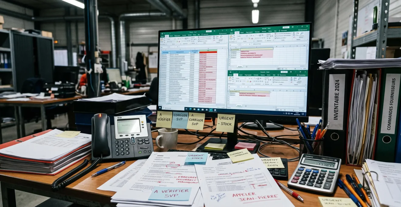Bureau encombré avec multiples feuilles Excel ouvertes montrant la complexité de la gestion manuelle des catalogues produits