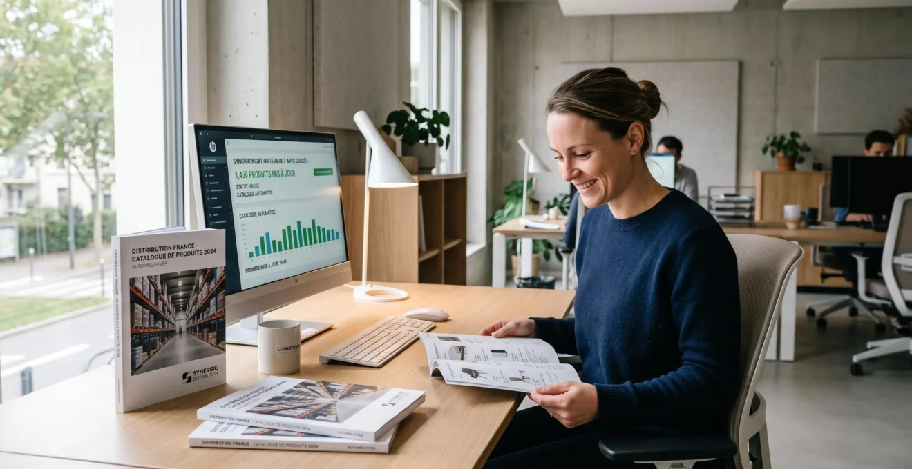 Employée vérifiant des catalogues automatiquement générés dans un environnement de travail moderne et organisé