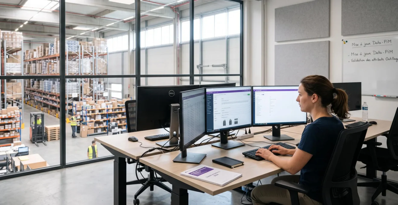 Technicien configurant une interface logicielle PIM sur plusieurs écrans dans un bureau d'entrepôt de distribution moderne avec flux de données produits visibles