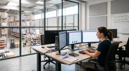 Technicien configurant une interface logicielle PIM sur plusieurs écrans dans un bureau d'entrepôt de distribution moderne avec flux de données produits visibles