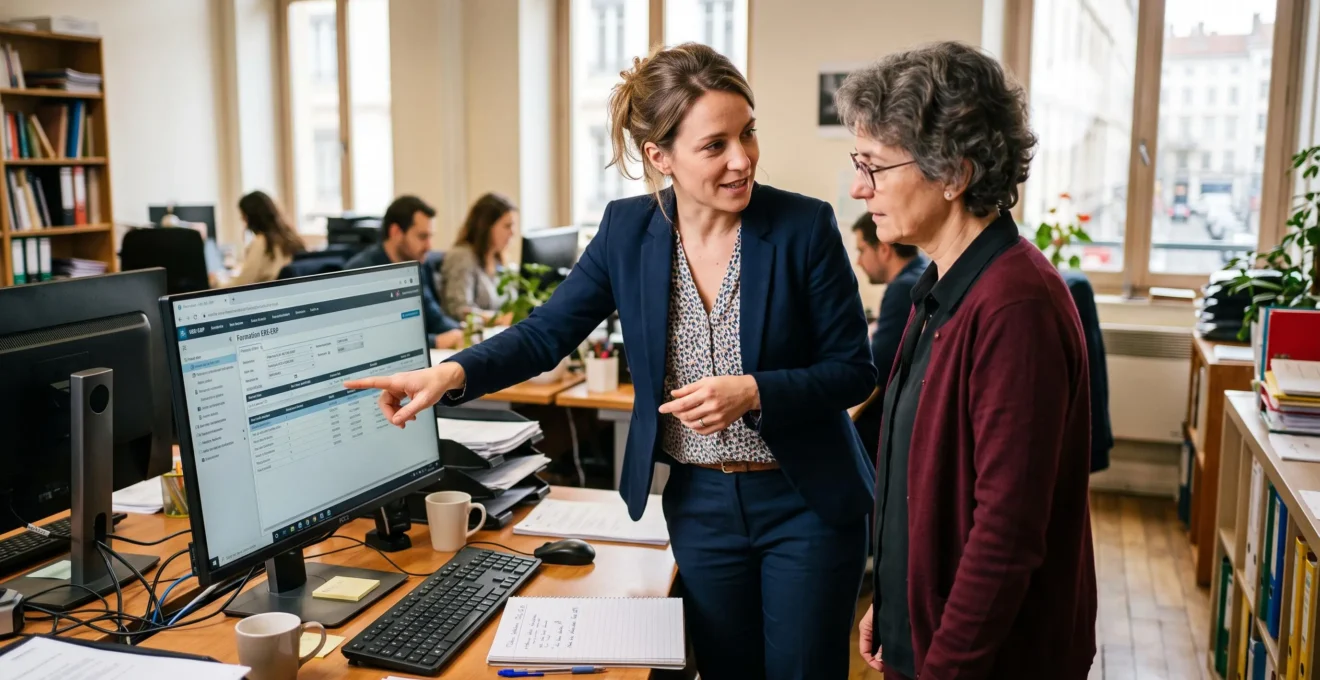 Collaboration entre un spécialiste informatique et une responsable administrative pour planifier la mise en place de l'intégration ERE-ERP, en discussion debout dans un espace de travail