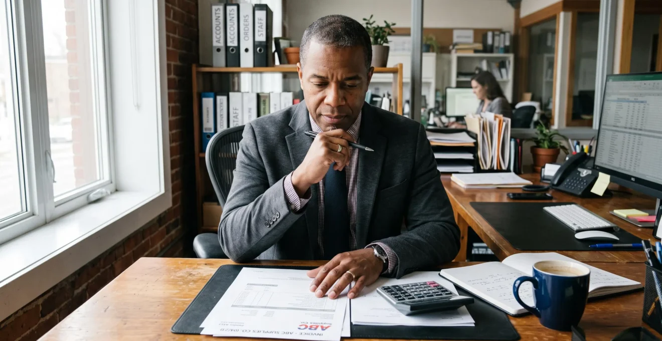 Un dirigeant assis à son bureau examine une facture imprimée avec attention.