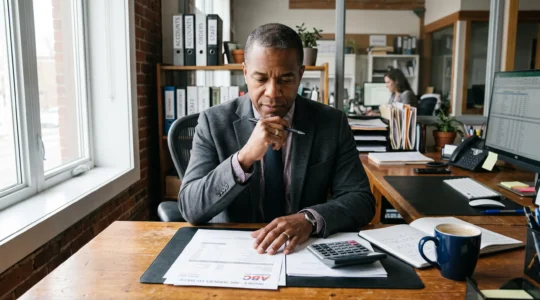 Un dirigeant assis à son bureau examine une facture imprimée avec attention.
