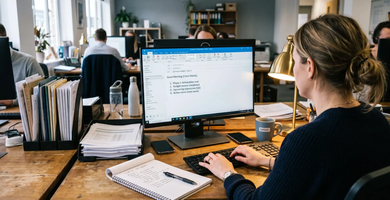 Une gestionnaire rédige méthodiquement un email professionnel devant son ordinateur.